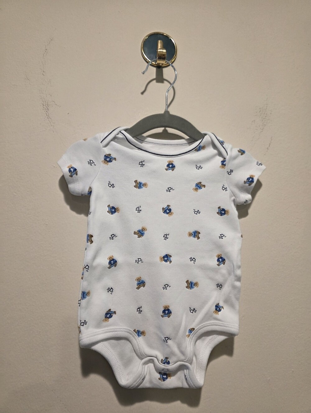 Ralph Lauren White One-Piece Bodysuit with Blue and Tan Print